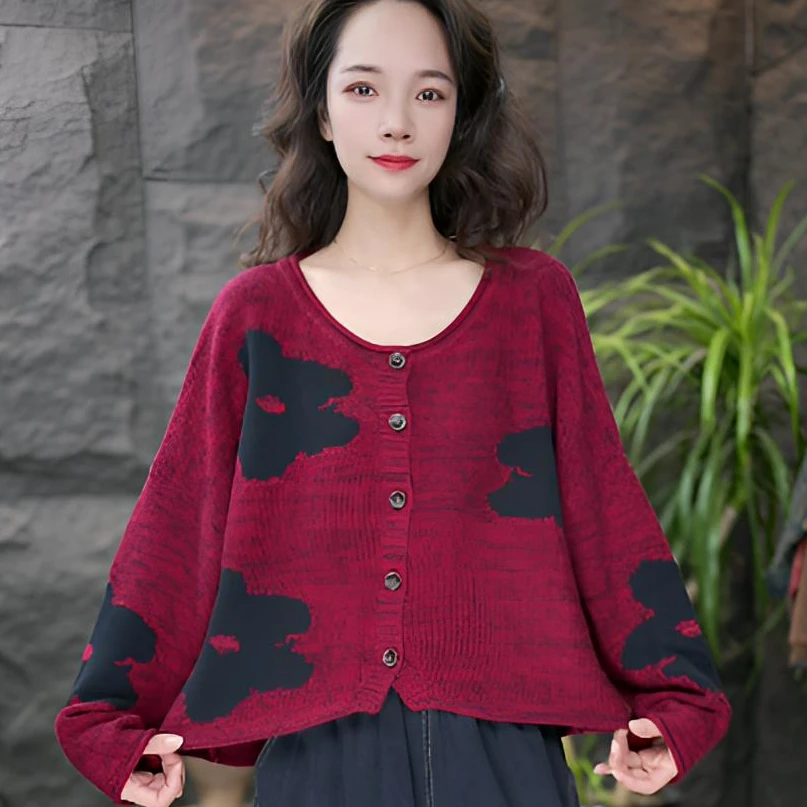 JJ提花圆领长袖开衫款毛针织衫文艺毛衣民族风时尚毛衣打底复古