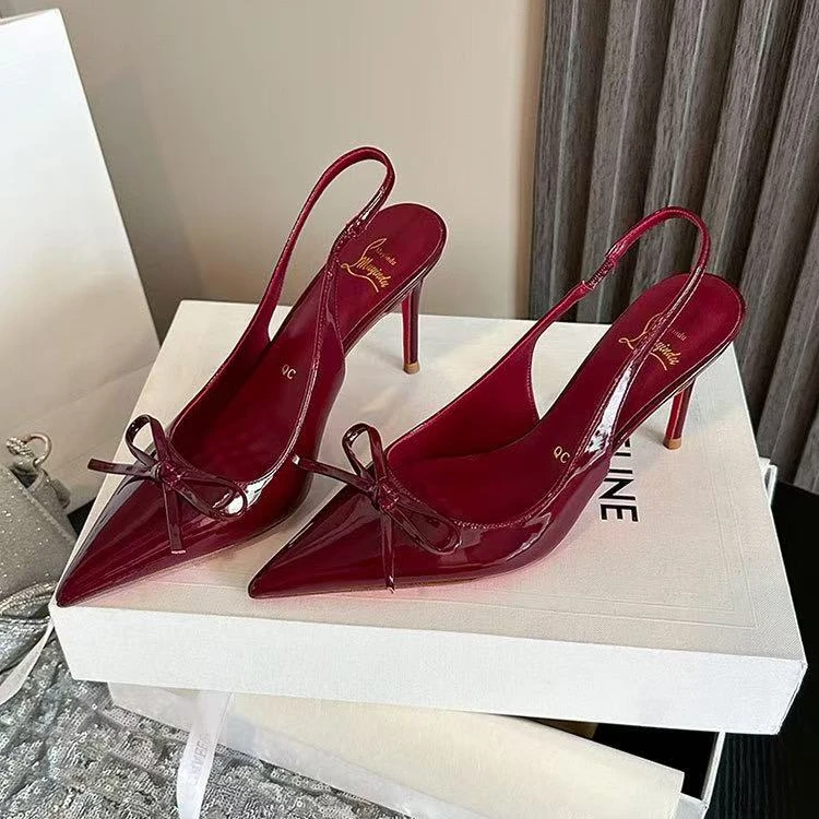 法式酒红色蝴蝶结红底尖头高跟鞋女2025夏季新款性感后空包头凉鞋