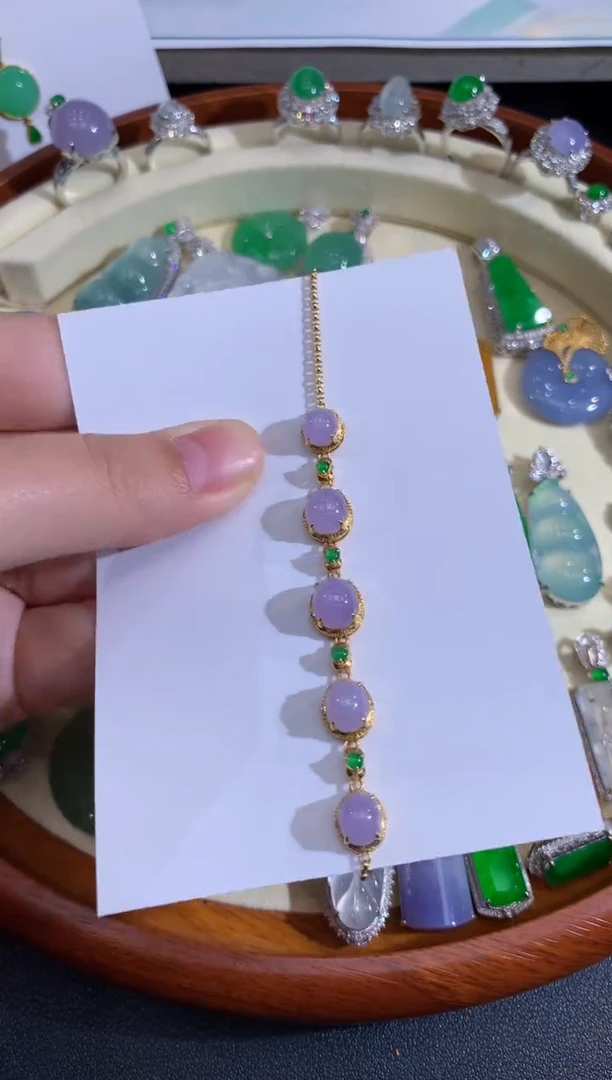 18K金镶嵌手链翡翠56紫蛋面手链