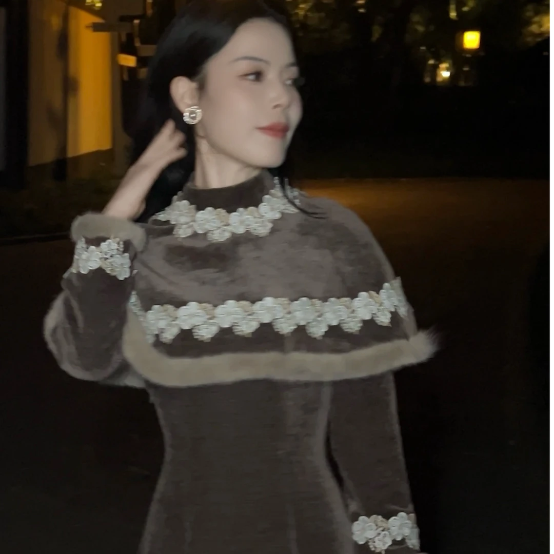 【潇湘雨】小个子定制斗篷款旗袍秋冬气质复古千金感水貂毛定制旗袍