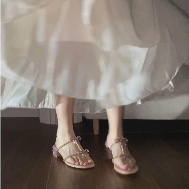 时尚水钻凉鞋女夏季平底蝴蝶结低跟露趾拖鞋