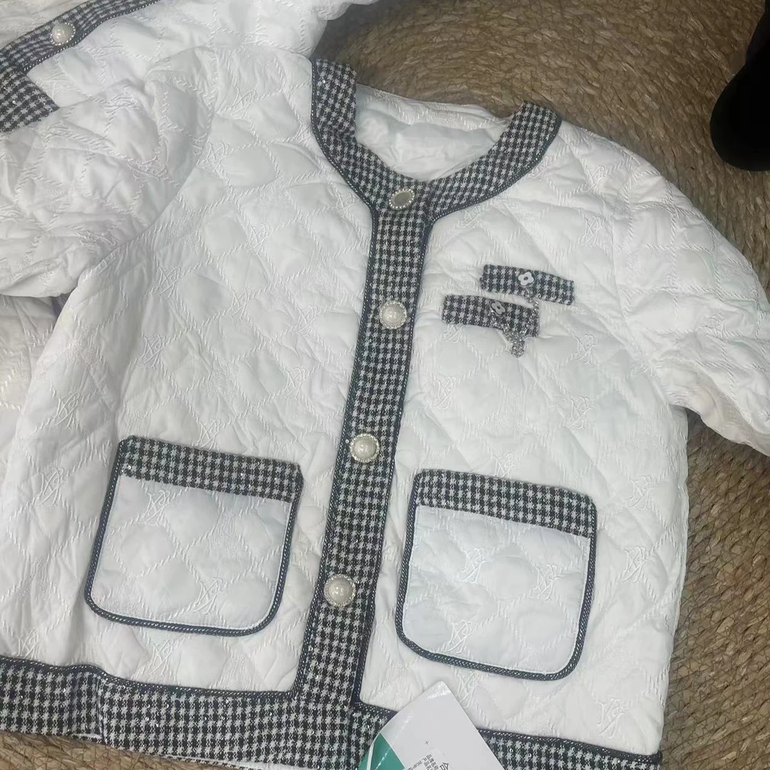 （送裙子）女款小香风秋季撞色边保暖羽绒服薄款白色短款