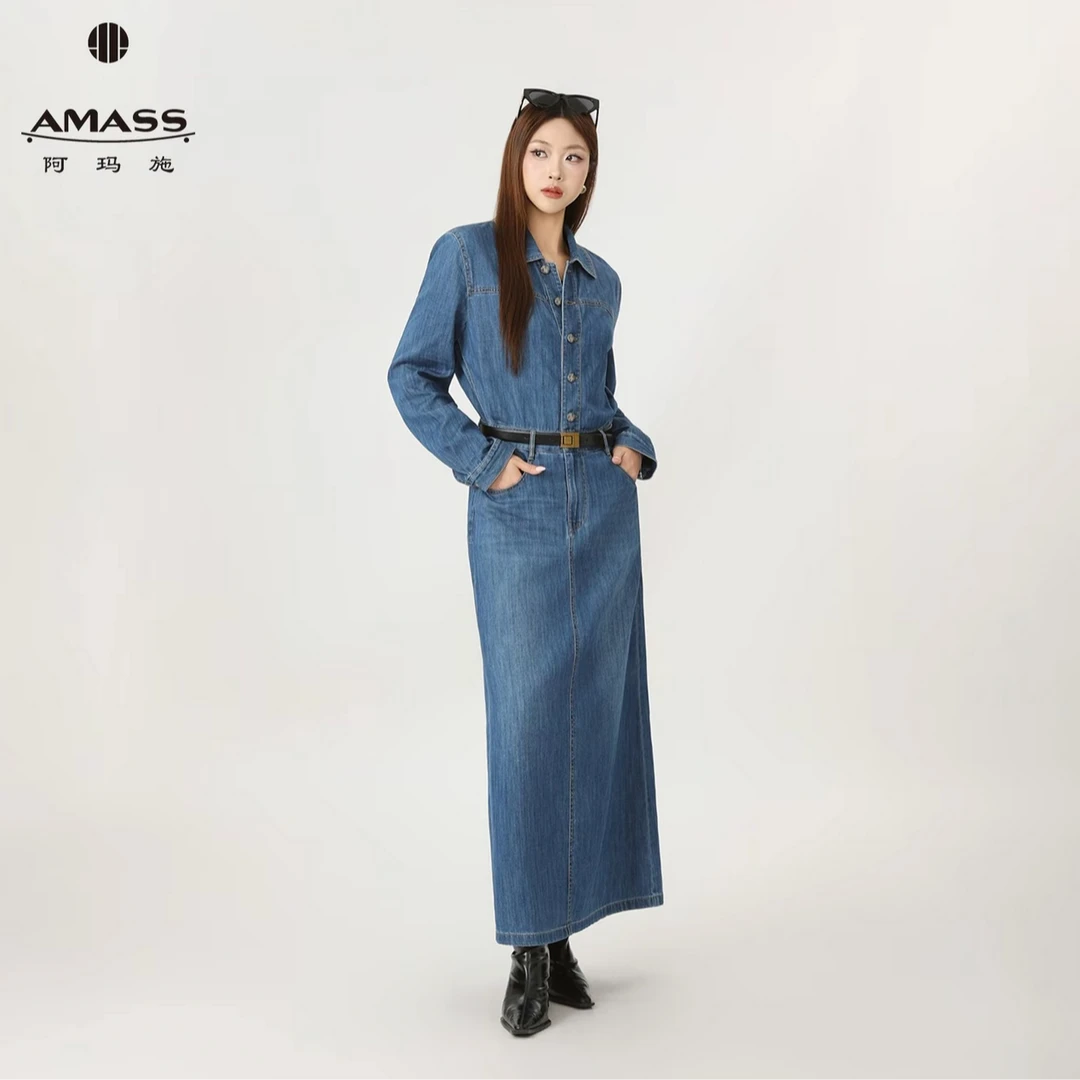 AMASS/阿玛施早秋法式女牛仔裙常规翻领时尚复古连衣裙 550043