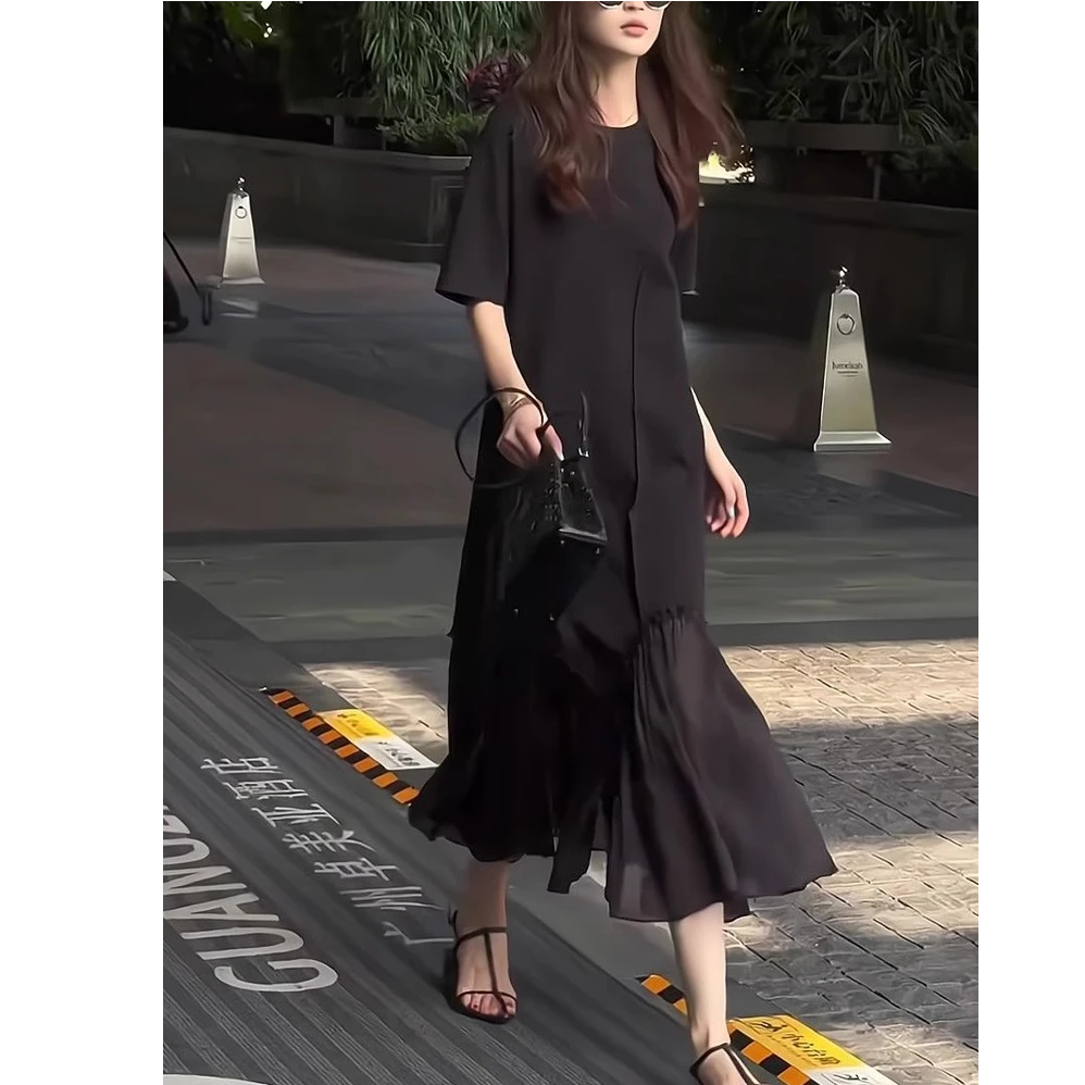 梨型身材气质连衣裙女夏季宽松显瘦时尚休闲拼接下摆黑色直筒长裙