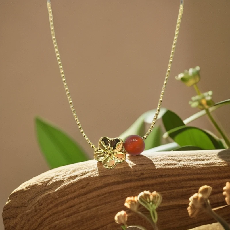 【SG】足金桃花有钱花玛瑙吊坠 赠链