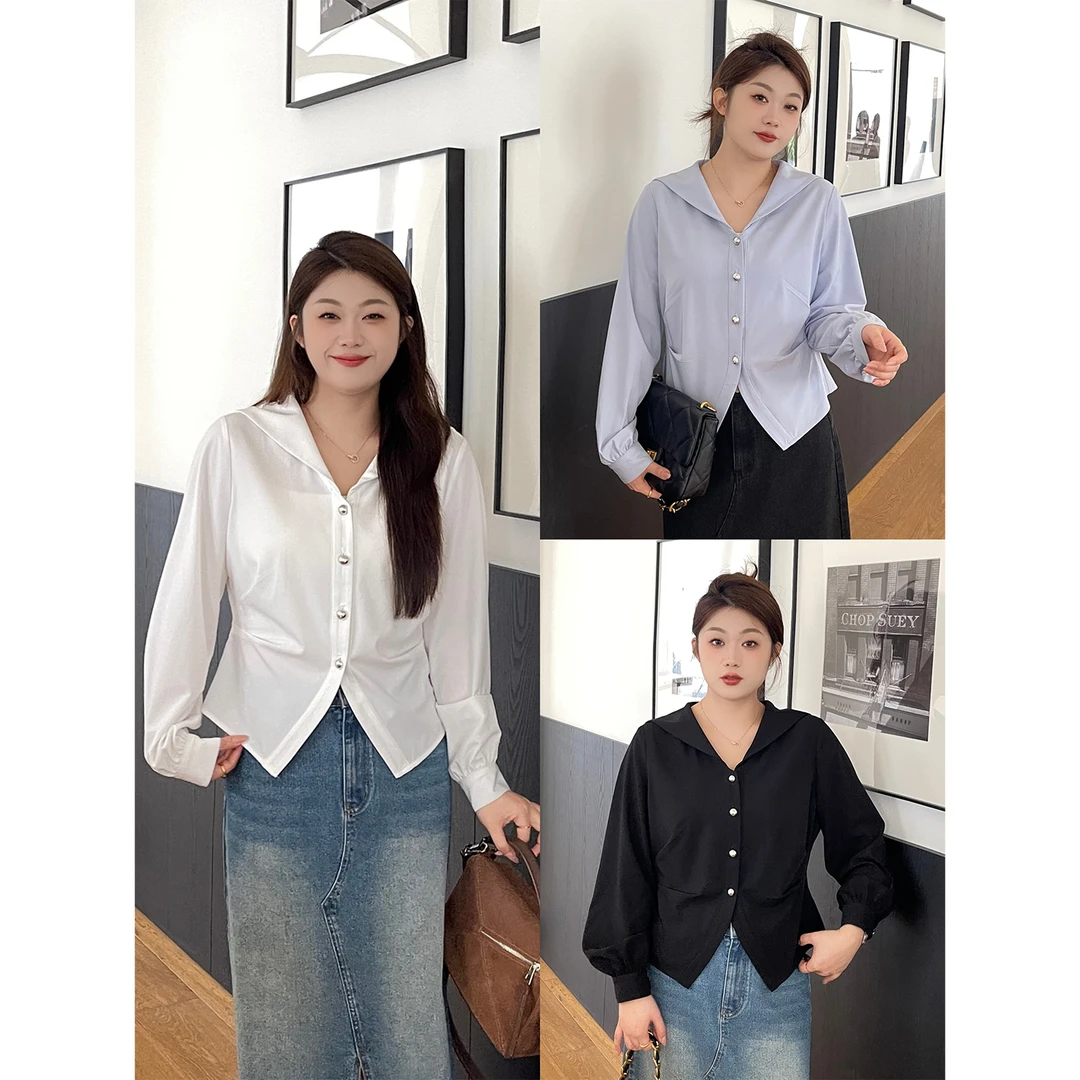 裂渡宣宣【元气满满】微胖大码女秋气质显瘦海军领长袖小衫ZY508A42
