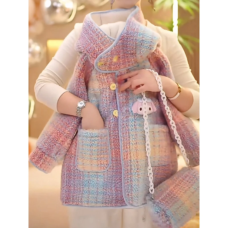 女童加绒大衣秋冬2025款彩色卡通连帽羊羔毛外套中长款保暖上衣潮