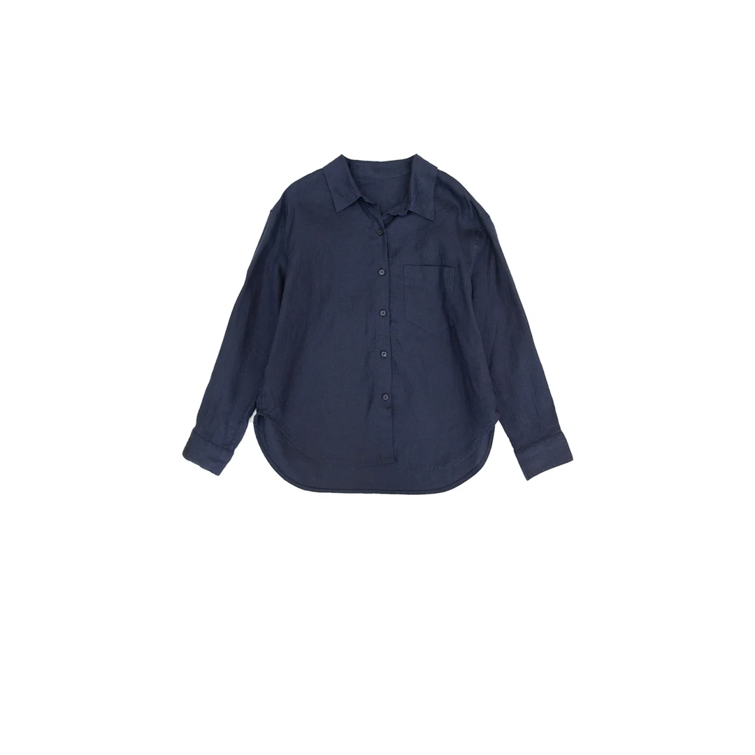 精品全净边100%亚麻衬衣衬衫长袖蓝色时尚休闲纯色简约