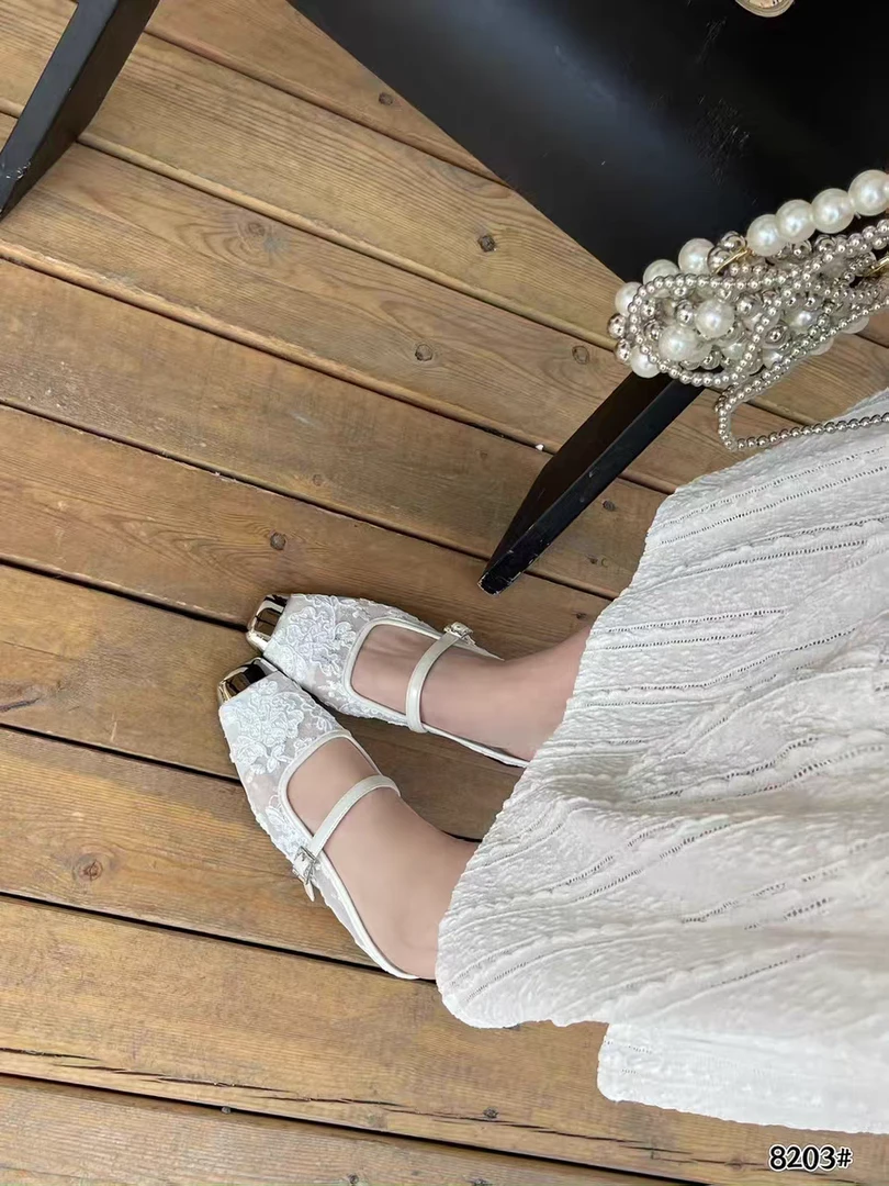 网纱花纹玛丽珍包头半拖鞋韩版低跟一字带凉拖鞋蕾丝W617-5