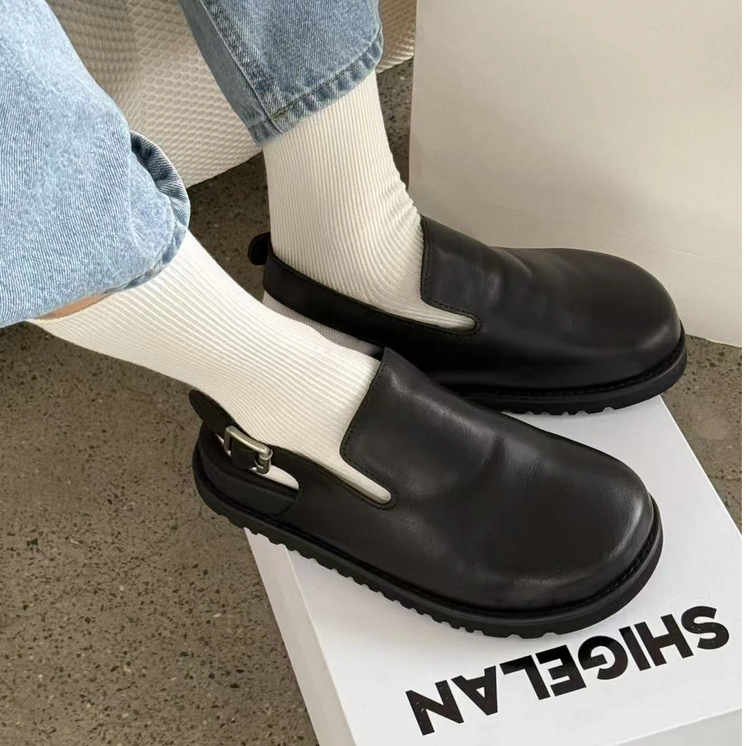 诗歌兰真皮女鞋2025春新款复古英伦风百搭平底勃肯鞋乐福鞋懒人鞋