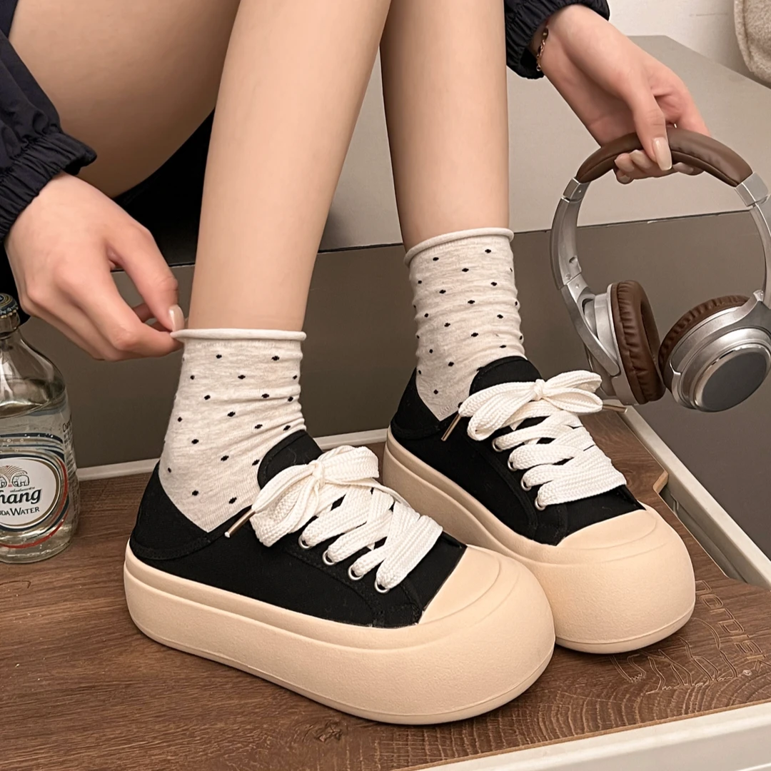 复古女款运动板鞋大头厚底增高鞋休闲板鞋学院风秋季百搭女鞋