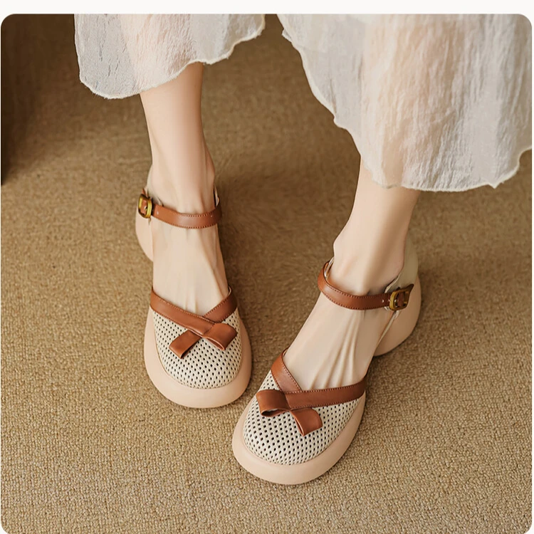 6.5cm/蝴蝶结时尚洋气镂空透气洞洞厚底增高凉鞋女