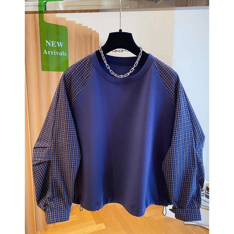 韩国高级感格纹插肩袖卫衣女短款2025新款宽松复古下摆抽绳上衣秋