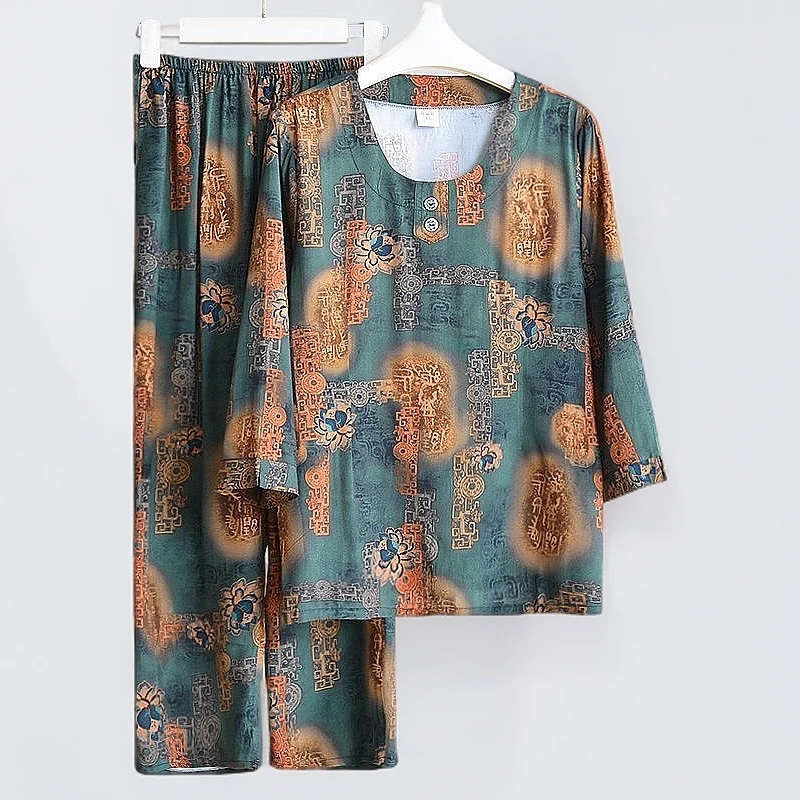 新品夏天睡衣棉绸七分裤外出两件套家居服绵绸七分袖人造棉套装