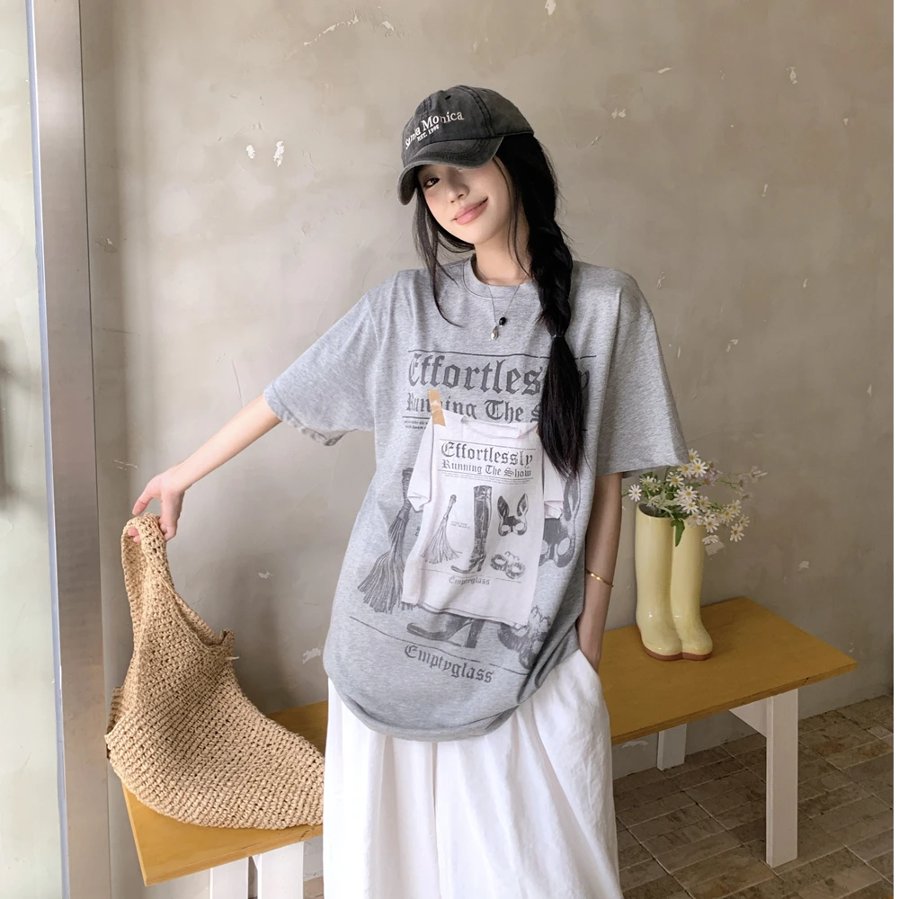 灰色美式字母印花短袖t恤女2025夏新款宽松圆领正肩百搭休闲上衣