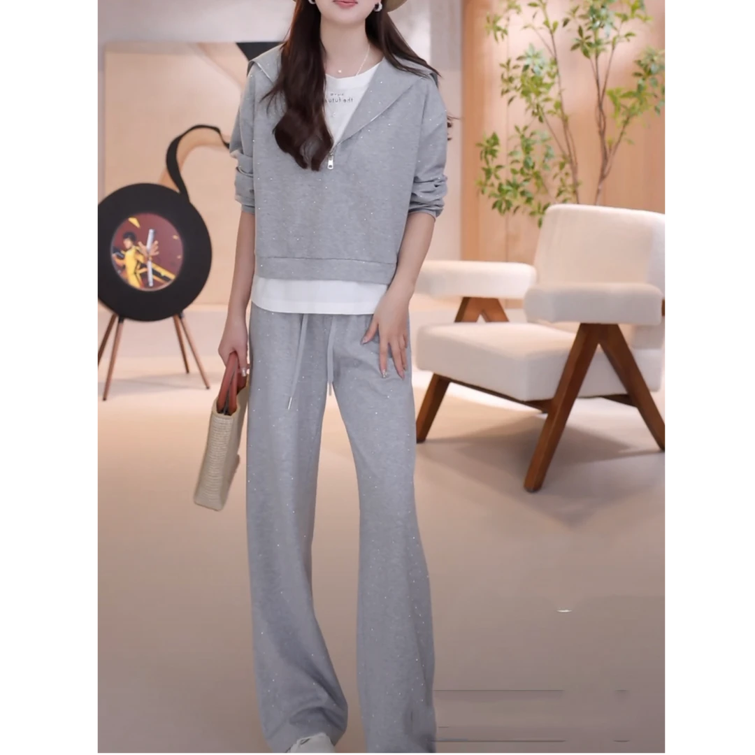 入秋出行穿搭一整套2025新款烫钻假两件上衣搭配时尚休闲裤两件套