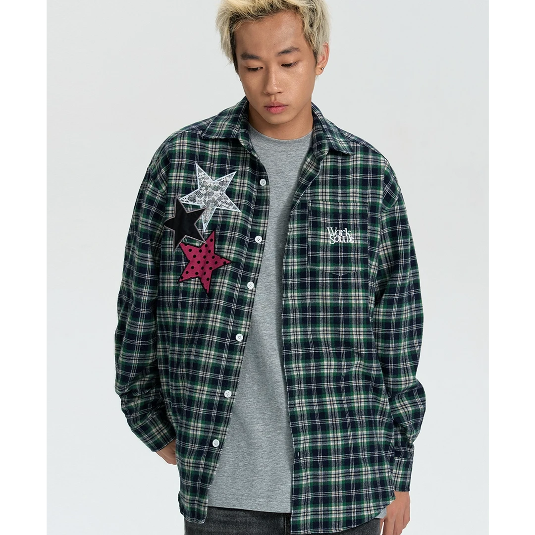 WORKSOUT星星贴布格子衬衫休闲复古美式潮流嘻哈男女长袖