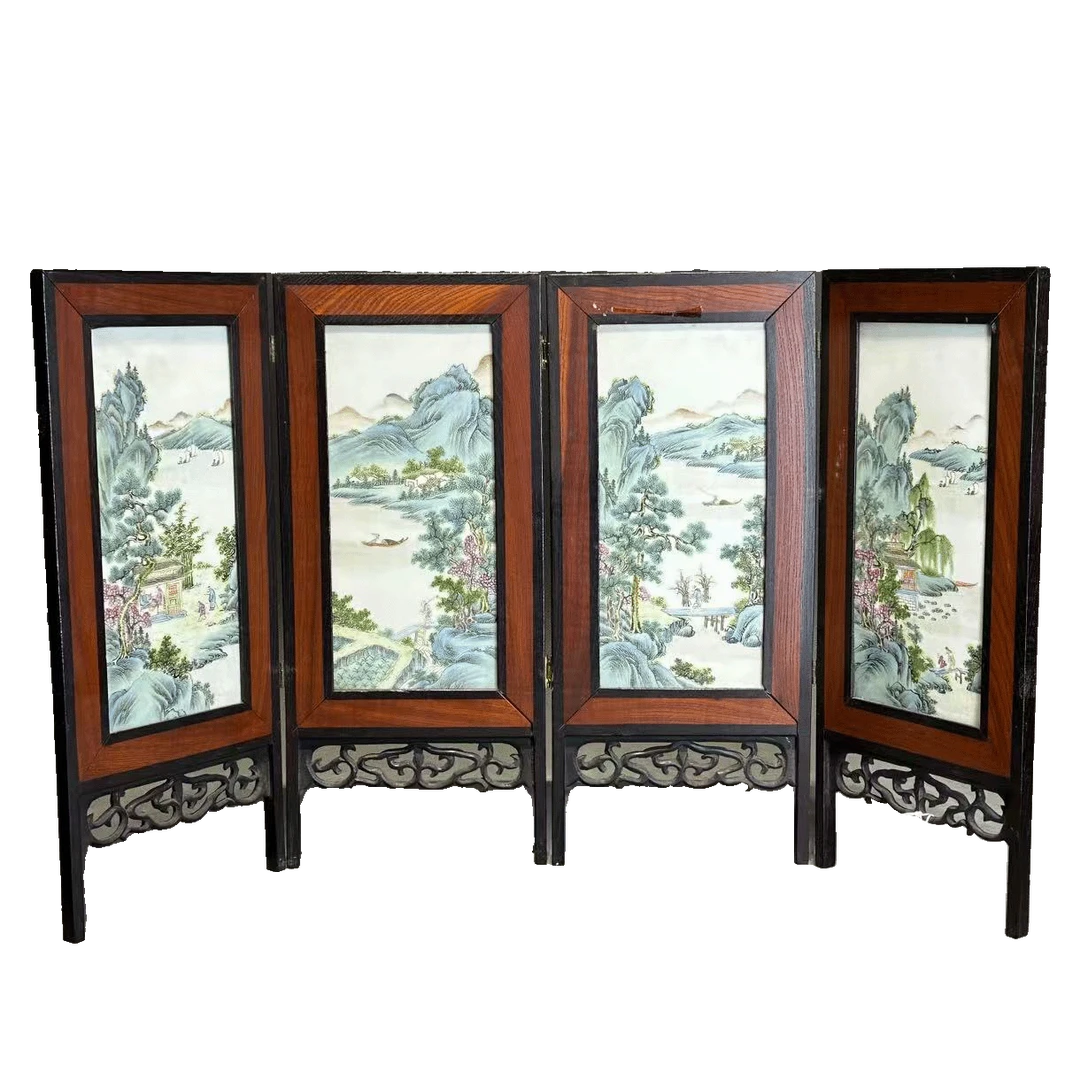 25180906x粉彩山水人物4连屏