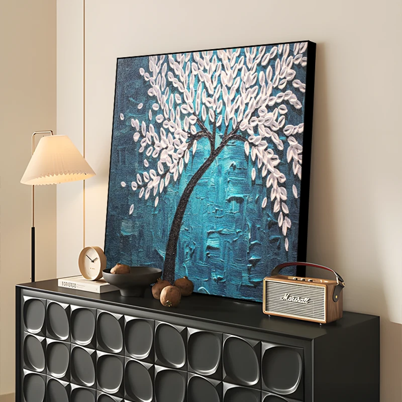 现代简约砂岩装饰画入户玄关走廊尽头客厅餐厅挂画蓝色发财树8080