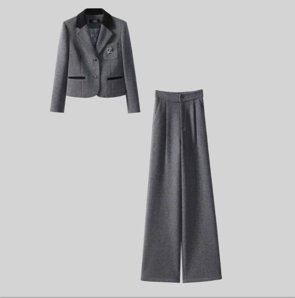 6685秋冬新款斜纹重工时尚显瘦西装套装设计感西服阔腿裤套装