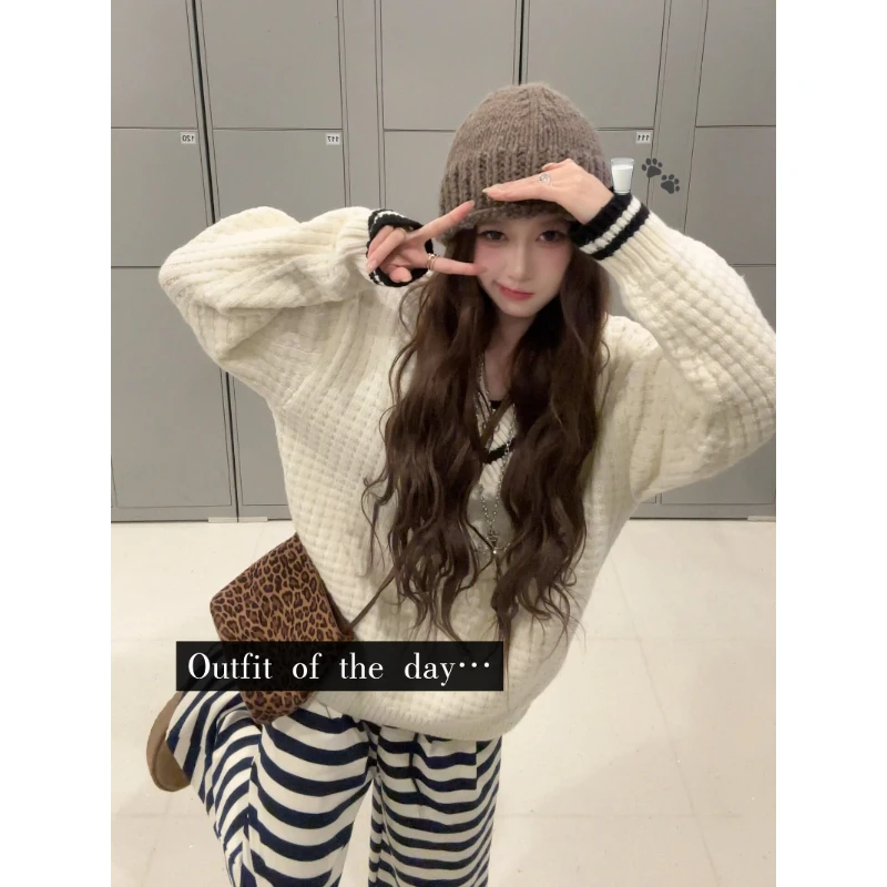 MARIE.COCO韩系巨好看复古穿搭宽松慵懒针织衫毛衣条纹阔腿裤套装