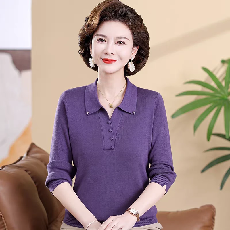 中年妈妈春秋针织衫九分袖洋气小衫高贵中老年女衣服翻领气质上衣