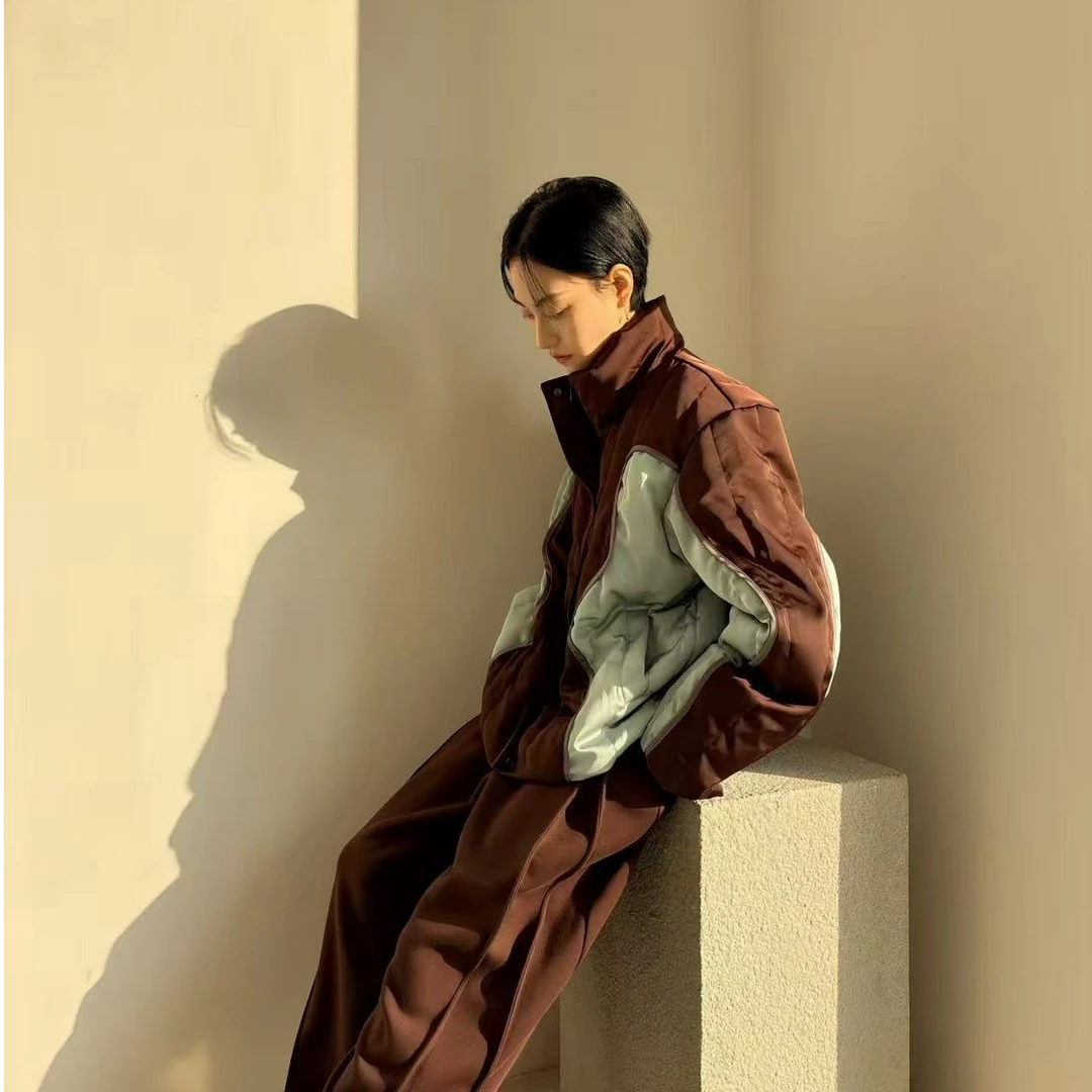 12728 时尚休闲百搭宽松立领拼接冬季大码羽绒服设计师款大版
