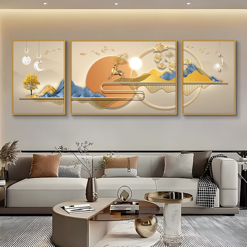 福禄生辉客厅装饰画现代轻奢客厅挂画沙发背景雅致三联画