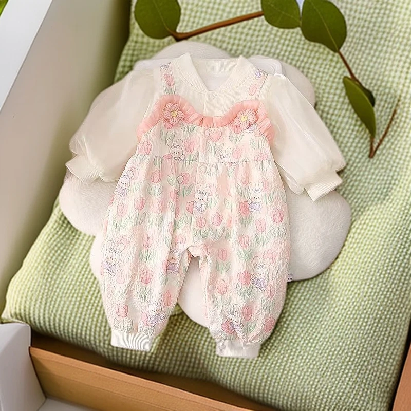 婴幼儿宝宝款碎花拼接花朵洋气公主超萌双层连体婴儿韩版哈衣爬服