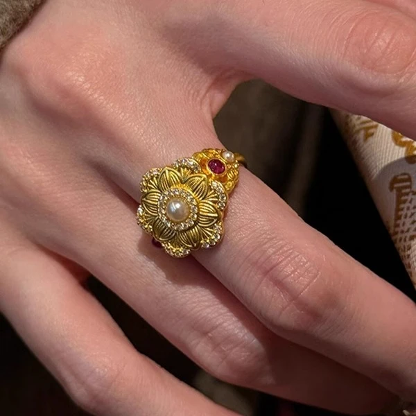 瑞诺黄金繁花似锦戒指女新款足金999花丝镶嵌中古指环礼物送女友