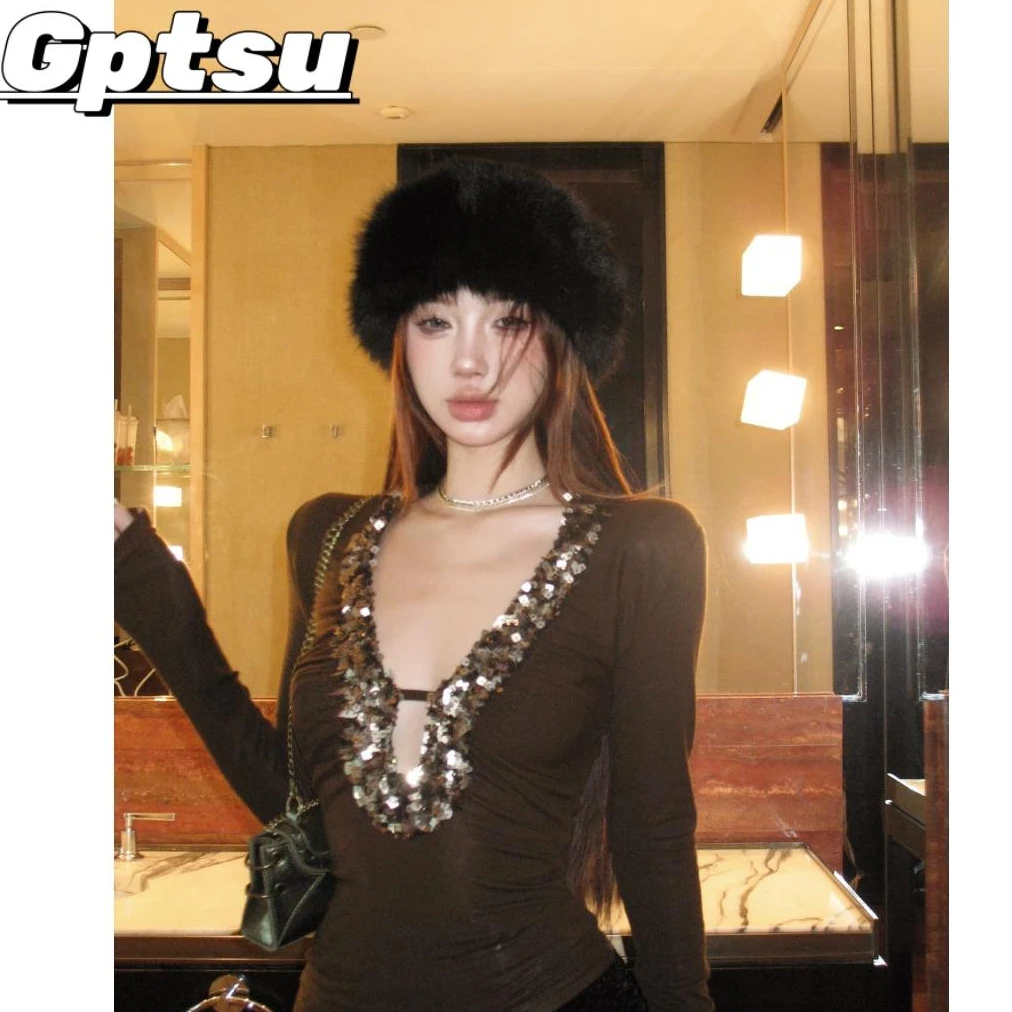 GPTSu亮片咖色性感v领长袖T恤女士设计感打底衫修身内搭辣妹上衣