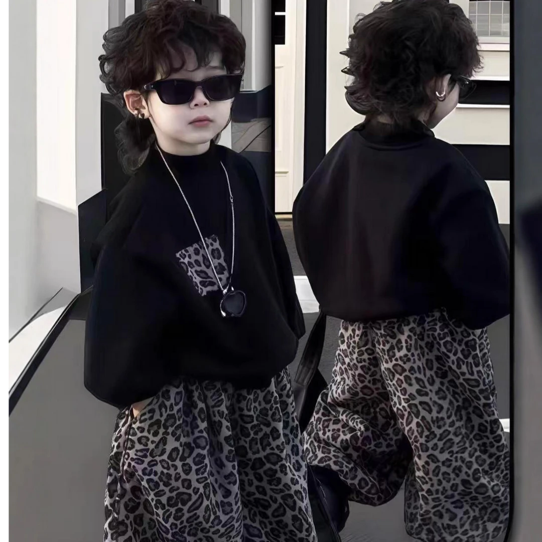 男女宝秋季新款亲子套装豹纹卫衣灯笼裤两件套装韩版百搭时尚洋气