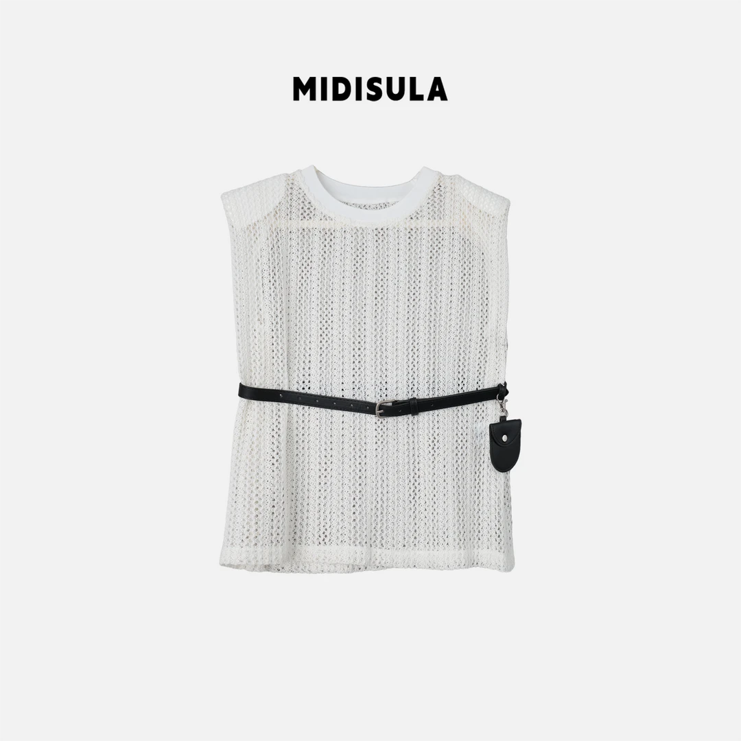 MDSL·夏季新款时尚百搭圆领宽松显瘦镂空垫肩无袖背心#0943
