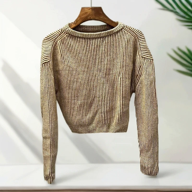 女士短款条纹插肩圆领套头长袖针织衫时尚休闲毛衣
