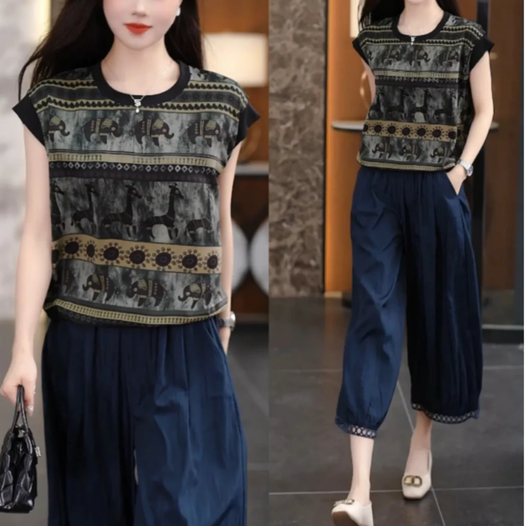 时尚潮流中年妈妈休闲两件套2025夏季新款洋气减龄宽松遮肉套装女