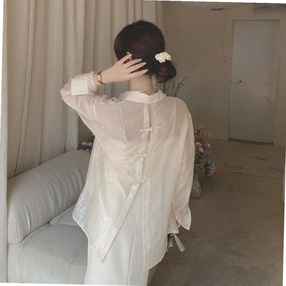 外搭后背开叉衣薄外套女夏高级感白色流光衬衫女宽松吊带