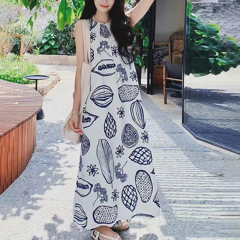 （度假风亚麻天丝背心裙）261009夏季植物印花宽松气质背心裙Y