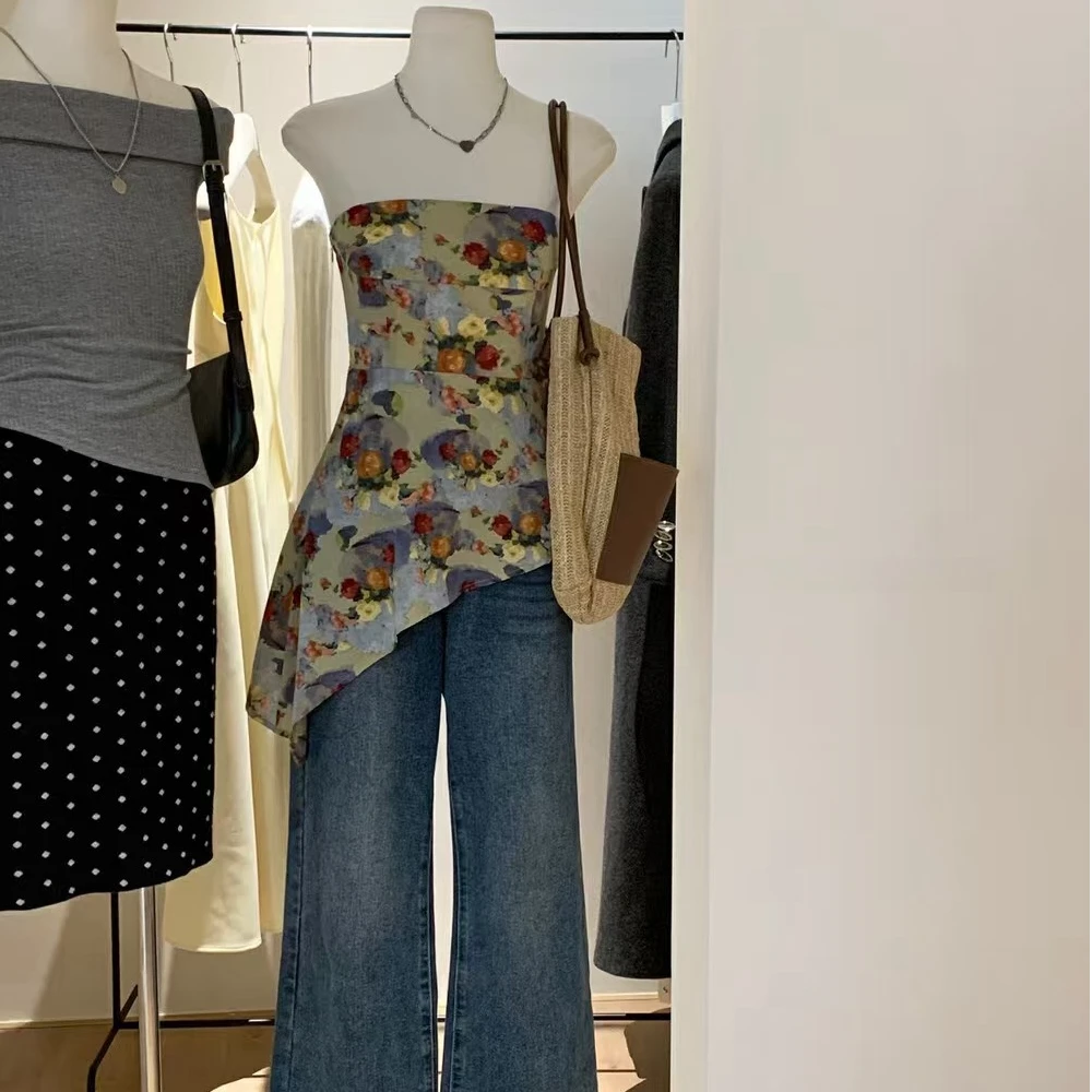 欧若风不规则收腰花色抹胸吊带女2025年新款夏季小众设计感无袖