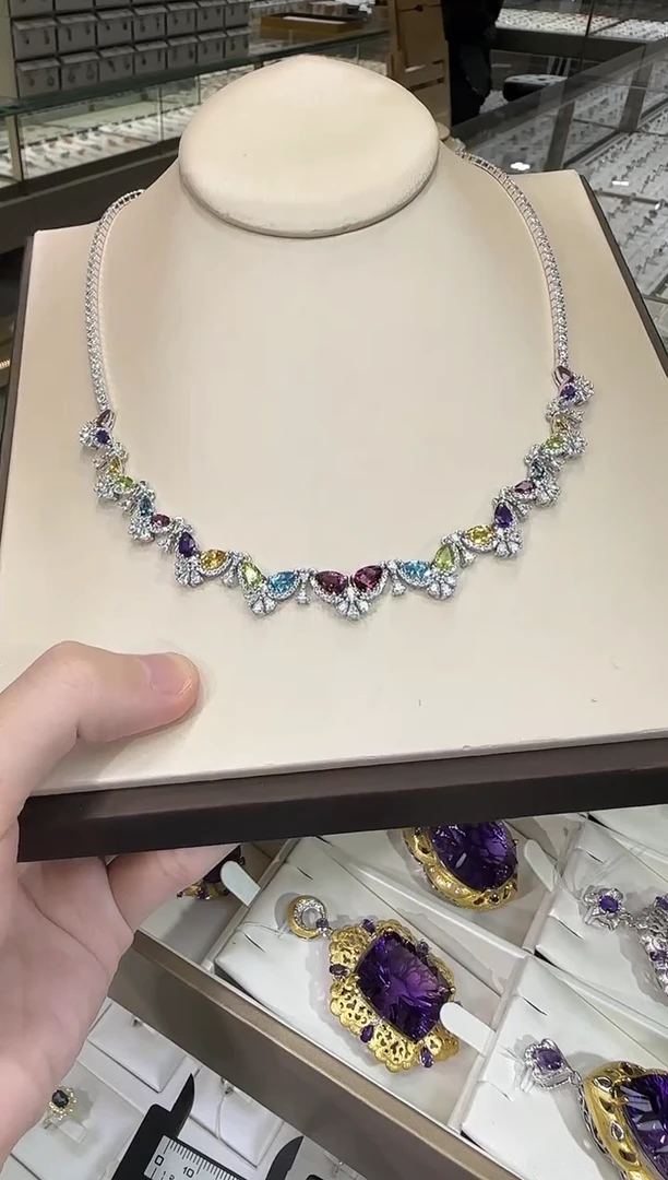 颈饰银S925镶嵌紫晶多彩宝石套链蝴蝶设计款