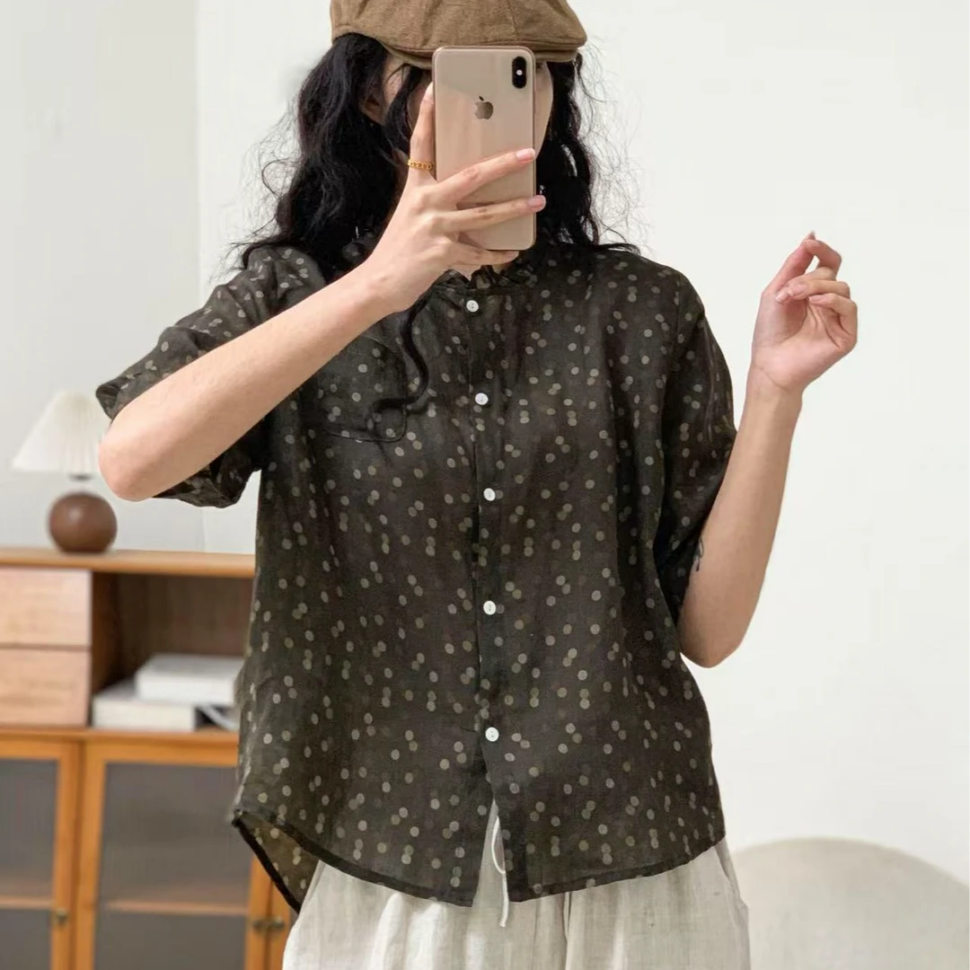 【悦兮】夏季新款文艺百搭休闲时尚显瘦洋气波点印花苎麻上衣25101