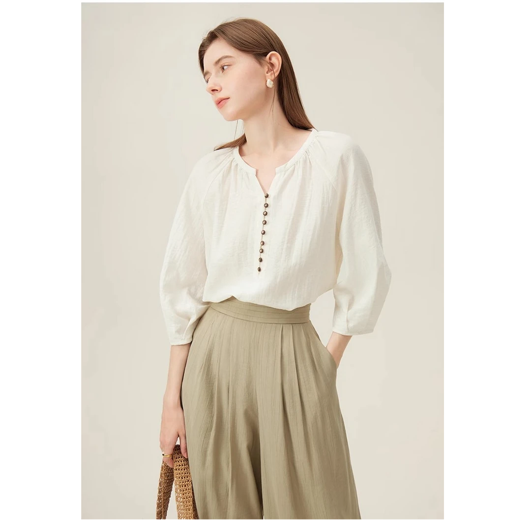 杰瑞【泡芙奶油】法式亚麻衬衫女夏款七分袖宽松慵懒风气质通勤上衣