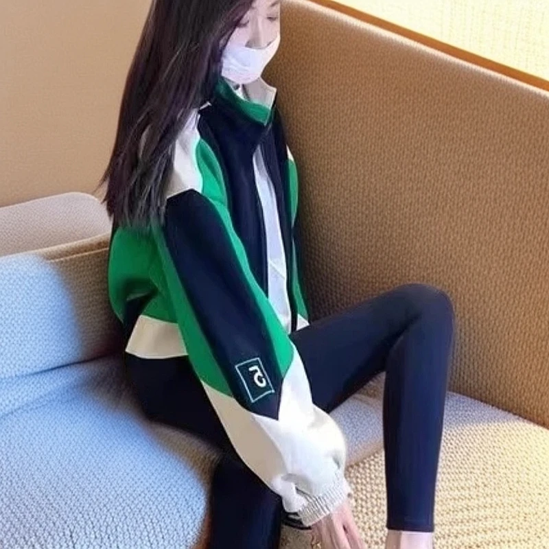 通勤直下摆休闲风女长袖短外套连帽条纹撞色休闲外套宽松秋季