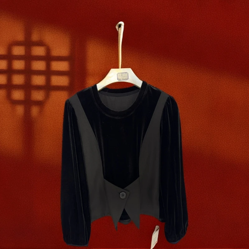 丝绒圆领拼接罗马棉纽扣收身显瘦洋气轻奢黑色打底气质长袖3932