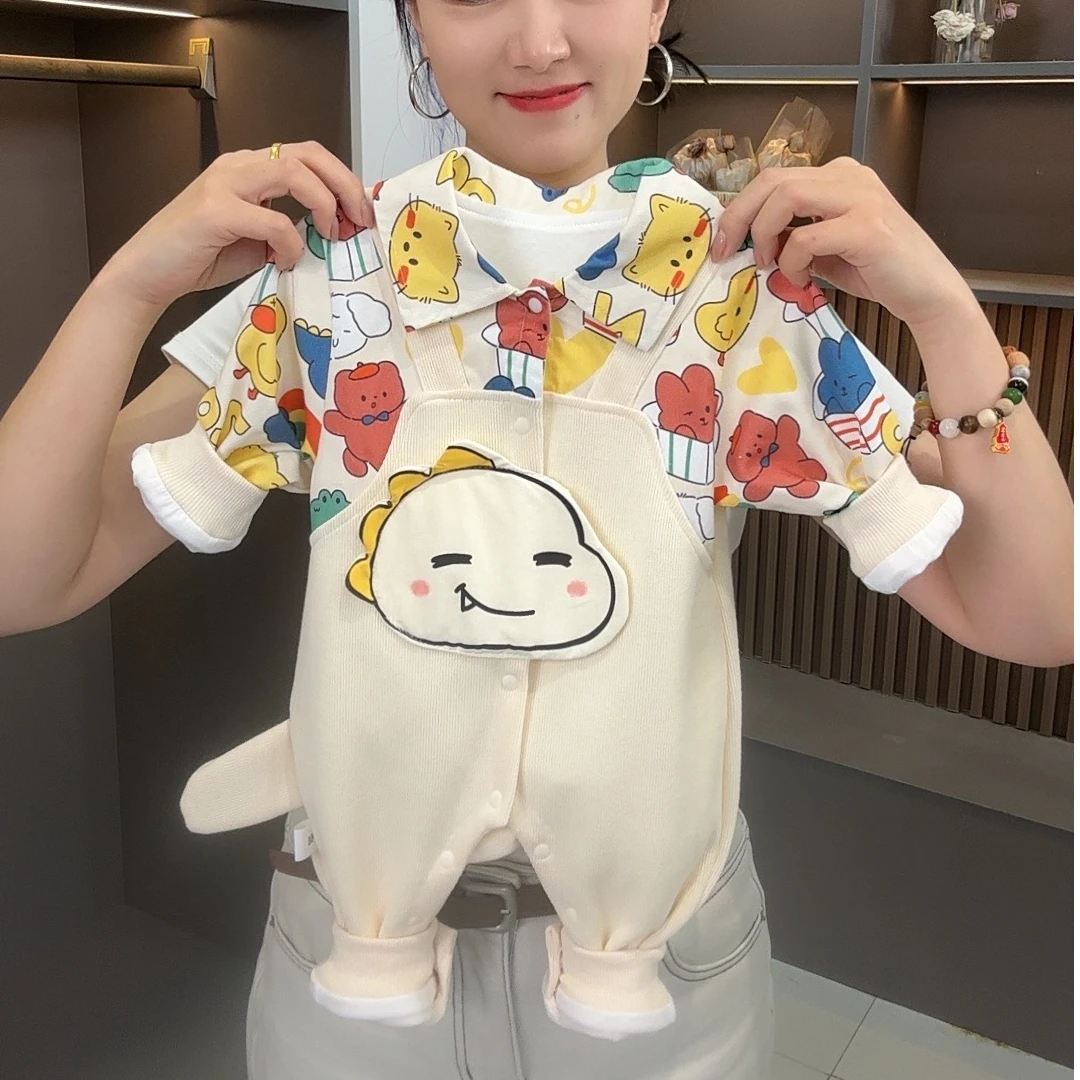 【闭眼】新款宝宝春秋款长袖可爱呆萌调皮恐龙翻领假背带连体哈衣