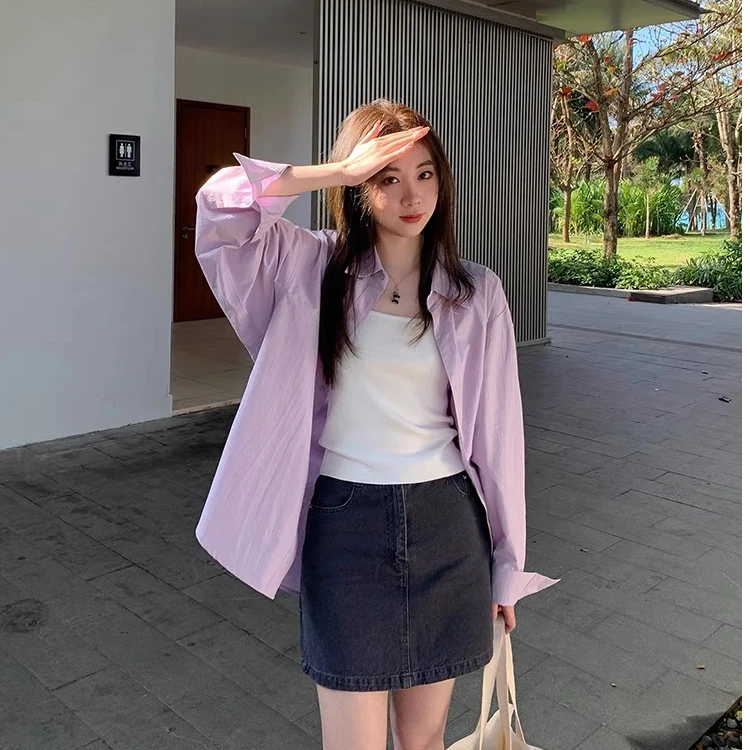 【oker~韵味】韩国2025春季新款浅紫色长袖衬衣洋气显白宽松上衣女