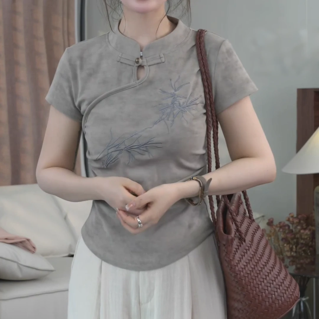 夏季新款气质简约刺绣国风晕染显瘦日常时尚短袖上衣女LK2504628