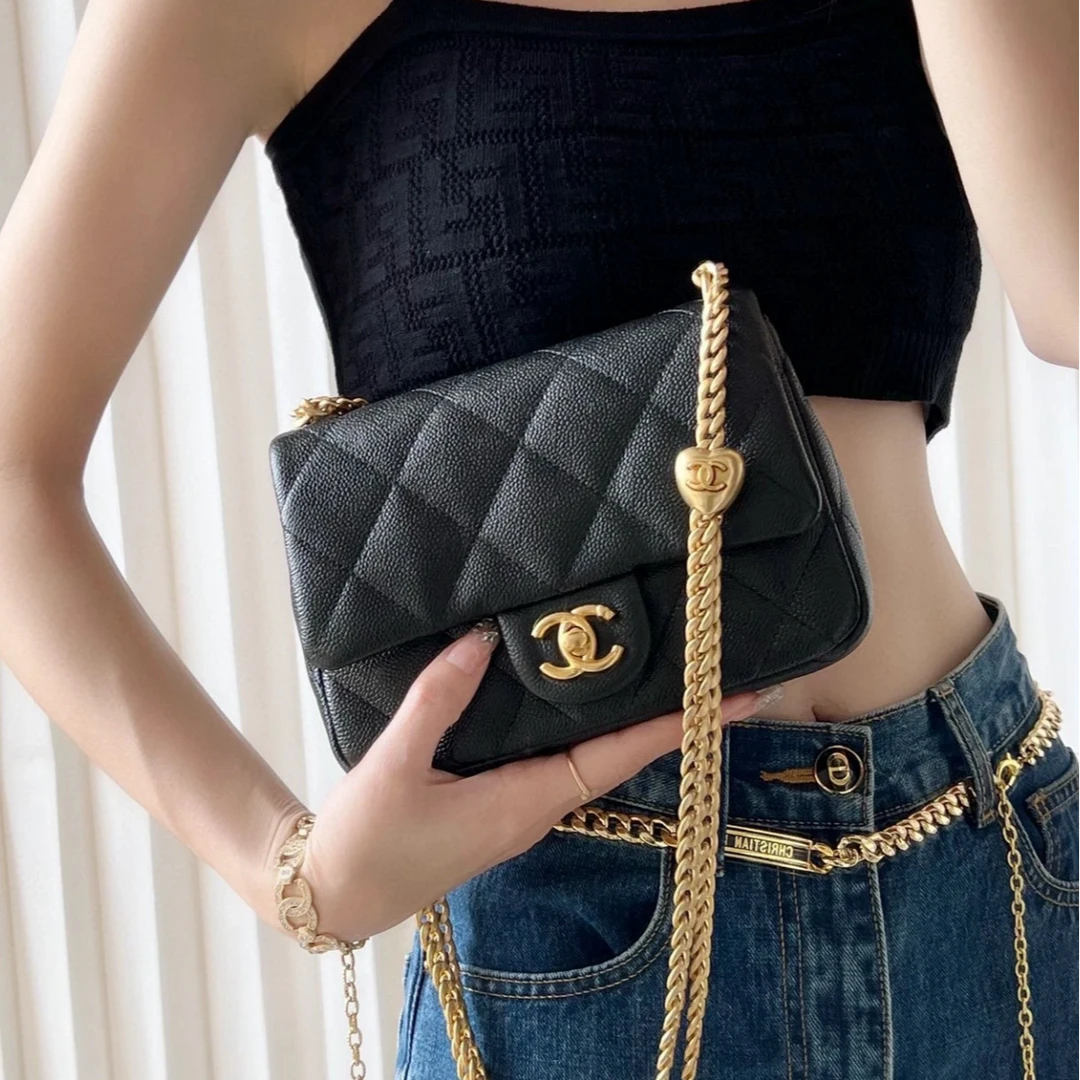 未使用 Chanel/香奈儿 小花Jerry23P CF口盖包 黑色 爱心金球
