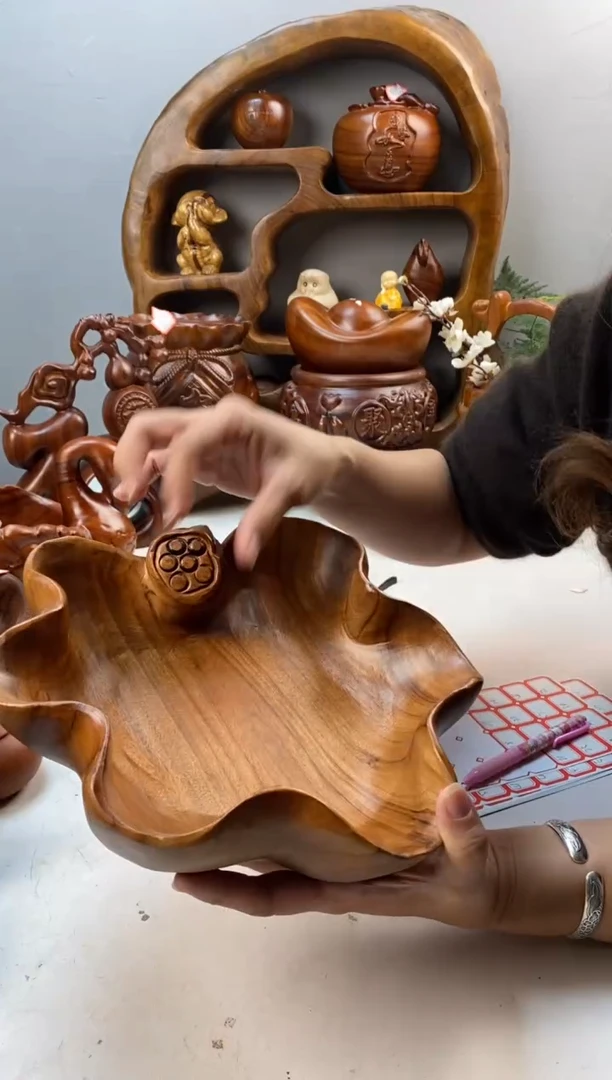 香樟木A18莲蓬果盆/尺寸27*26*9