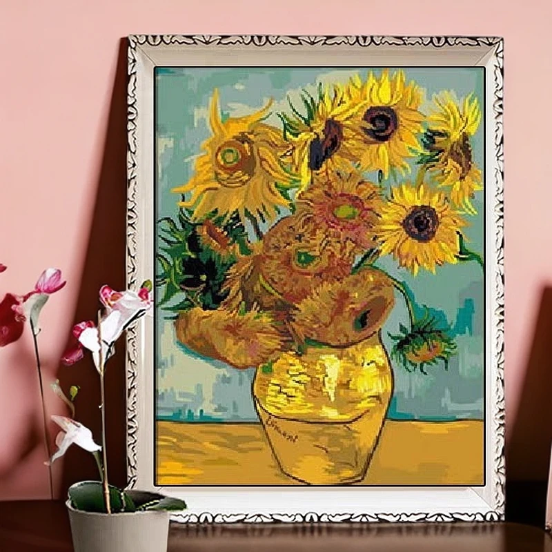 DMC十字绣-客厅卧室餐厅欧式风格油画名画梵高向日葵绣花挂画刺绣
