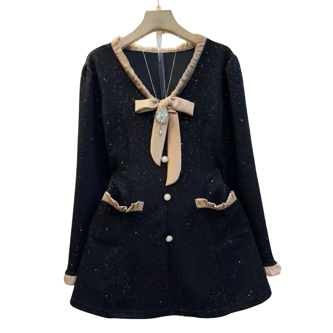 新款名媛小香风时尚百搭轻奢抽绳系带蝴蝶结上衣（长70左右）